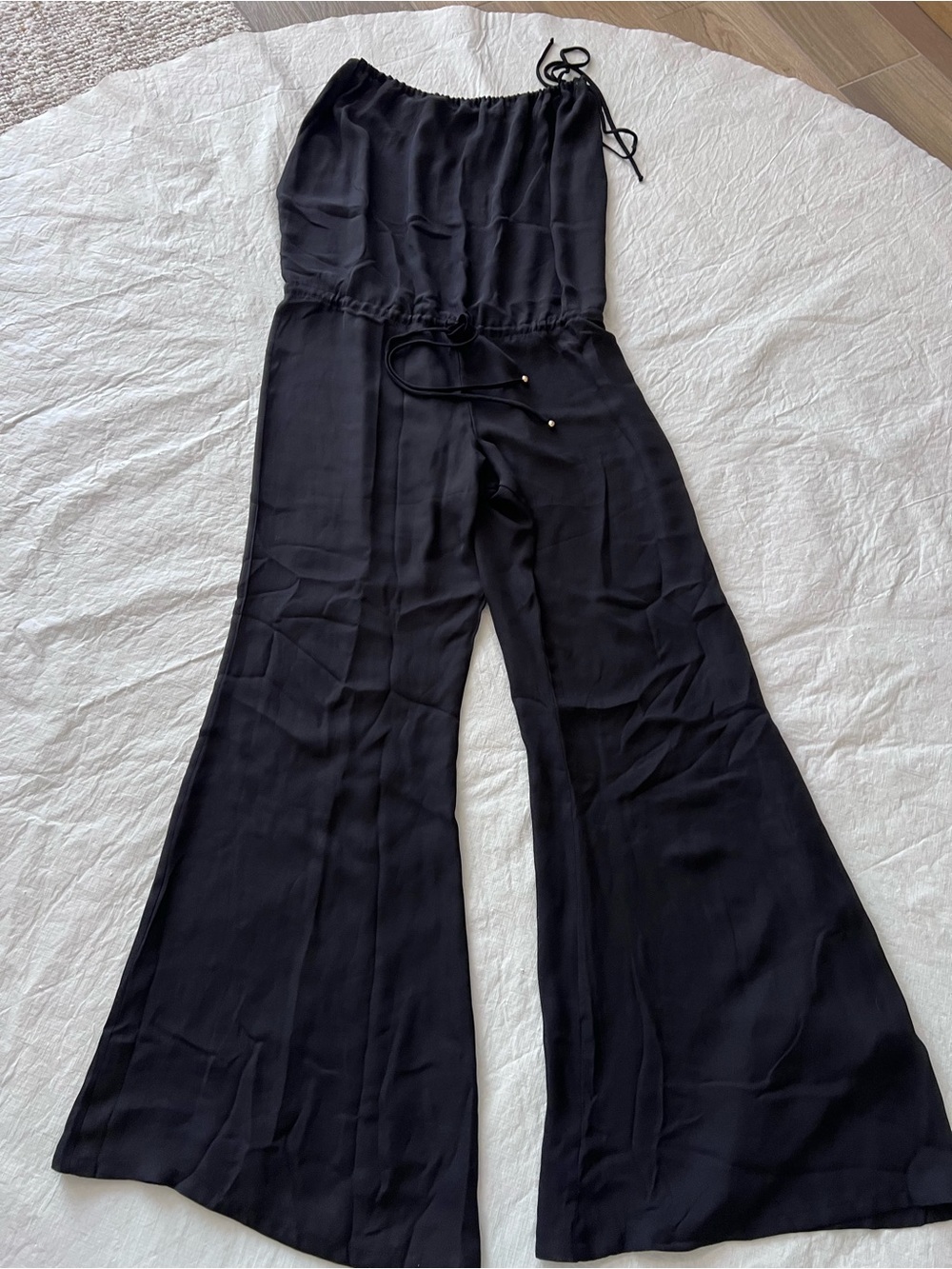Ramona LaRue Black Wide Leg Jumpsuit Size L Flowy Open Sides Drawstring Tie Top